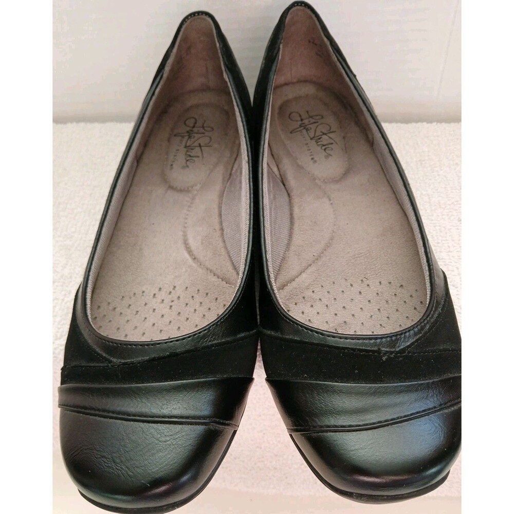 LifeStride Women Ballet Flats Black Round Toe Slip On Memory Foam Shoes 9.5M